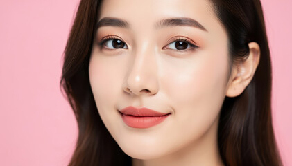 Fototapeta premium Serene Beauty: A portrait of a young woman with flawless skin and gentle features, radiating a sense of calm against a soft backdrop.