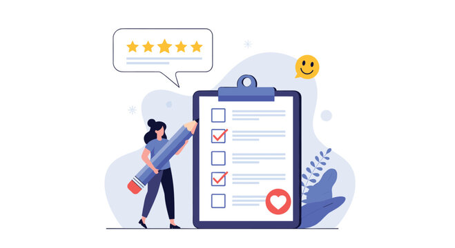 Focused professional woman uses a giant pencil to complete a customer satisfaction survey on a large clipboard featuring high ratings and icons.