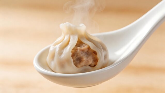 Steaming dumpling on spoon