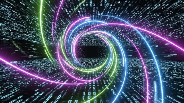 Neon light vortex in digital binary code tunnel