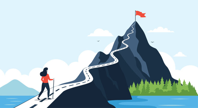 Determined female hiker following a winding path up a high mountain peak to reach a red flag signifying the achievement of a goal.
