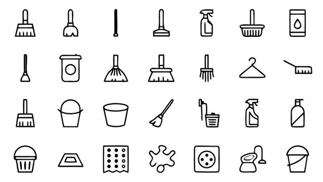 This vector illustration shows a grid of grey line icons for housework including a broom and mop set against a solid and dark black background.