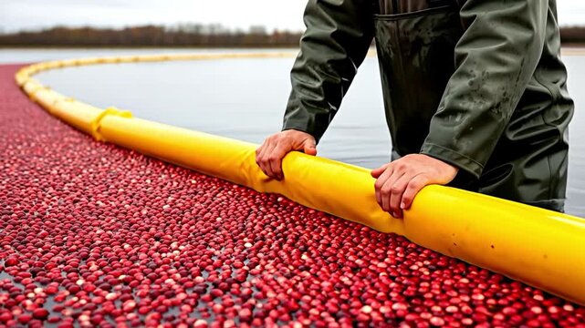 Farmer harvesting organic cranberries in a flooded bog using yellow boom