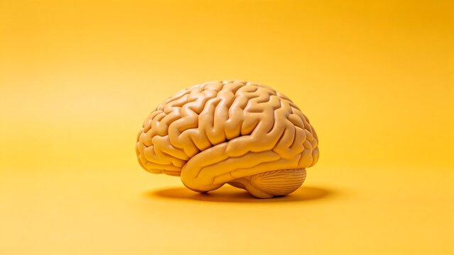 Model of a human brain on yellow background