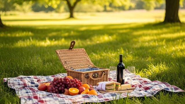 봄날 공원 잔디 위 돗자리와 피크닉음식On a spring day, there are mats and picnic foods on the grass in the park