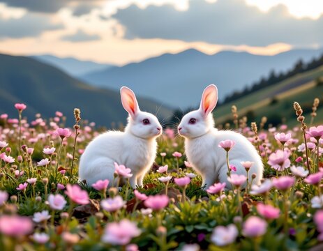Serene Dawn Mountain Meadow with White Rabbits