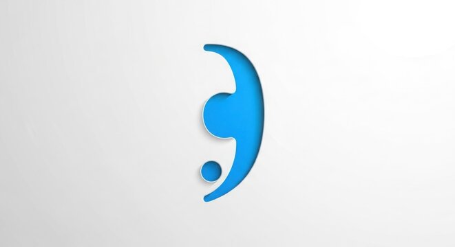 A blue semicolon symbol on a white background representing grammar and punctuation