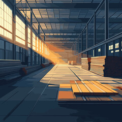 Fototapeta premium A warehouse interior with stacks of metal rods, illuminated by sunlight , vector style simple color