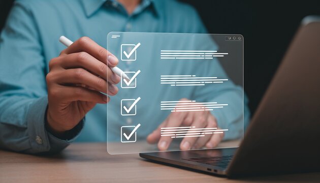 Person Holds Tablet With Checklists While Sitting at a Desk With a Laptop During Evening Work Session