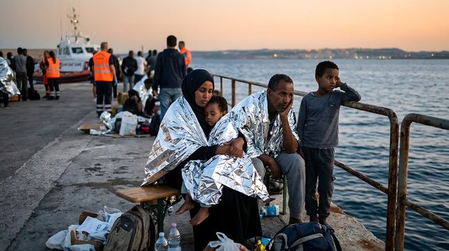 Migrant Family Wrapped in Thermal Blankets Awaiting Rescue at Sea.
