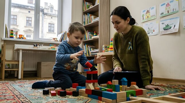 Mother and child playing with colorful wooden blocks on the floor.