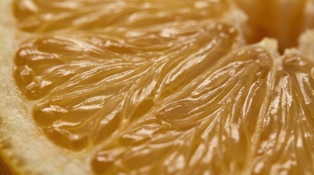 Intricate macro view of juicy yellow orange citrus fruit segments Translucent pulp and vesicles show vibrant freshness