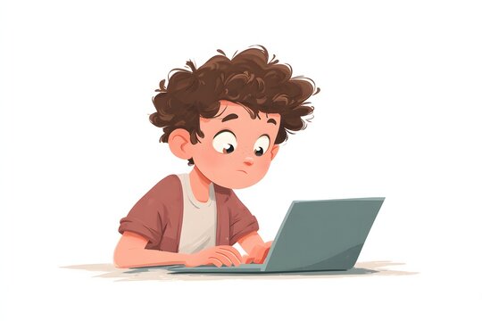 cartoon child typing laptop study activity focused expression animation style