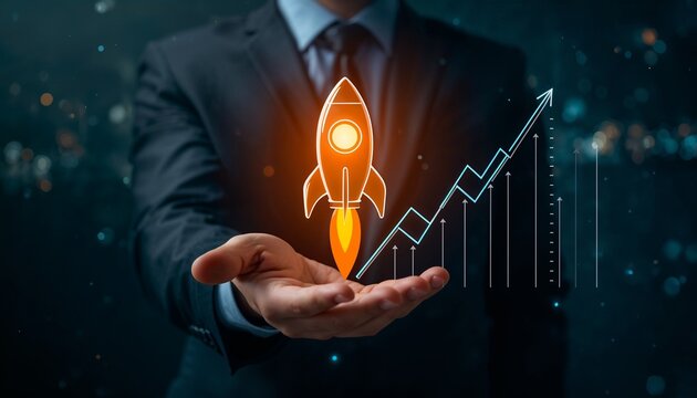 Businessman Holds Rocket Symbol Above Hand With Line Graph in Background to Show Growth During Night Time in City