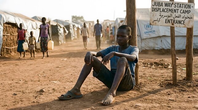 Young Boy Sitting Outside Refugee Camp Entrance in Africa.