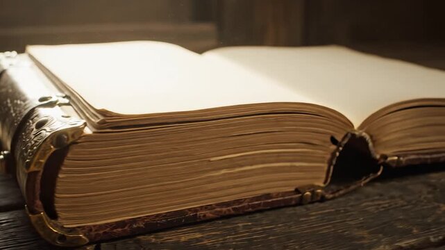 Old leather bound book on wooden table