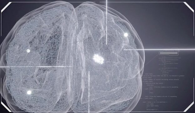 3D animation of a futuristic brain scan, highlighting advancements in medical technology, AI, and data analysis, visualizing electronic chips and future technological integration in healthcare