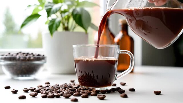 A person pours coffee into a mug on a table with coffee beans and a plant.