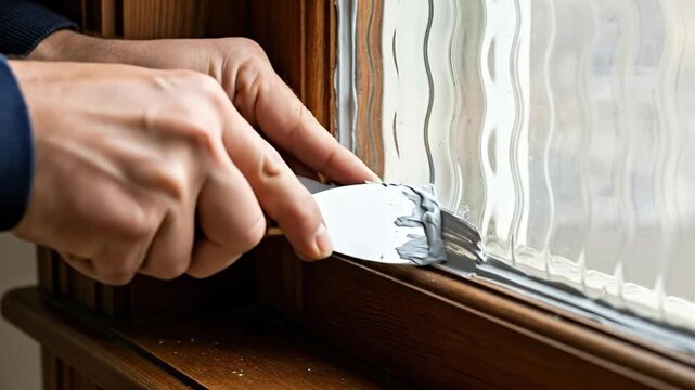 Man restoring historic wooden window frame with putty knife and glazing compound for home maintenance