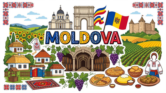 Vibrant Moldova Cultural Elements Vector Illustration with Chișinău, Cricova Wine, and Folk Patterns