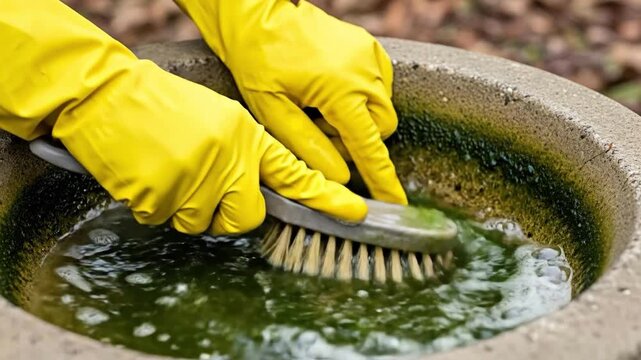 Person in yellow gloves scrubbing algae from concrete birdbath for avian hygiene and garden maintenance