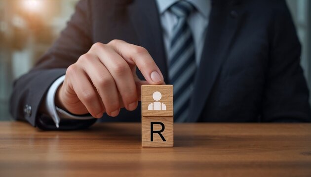 Business Professional Arranging Blocks With Icons and Letters on a Wooden Desk in an Office Setting During the Daytime