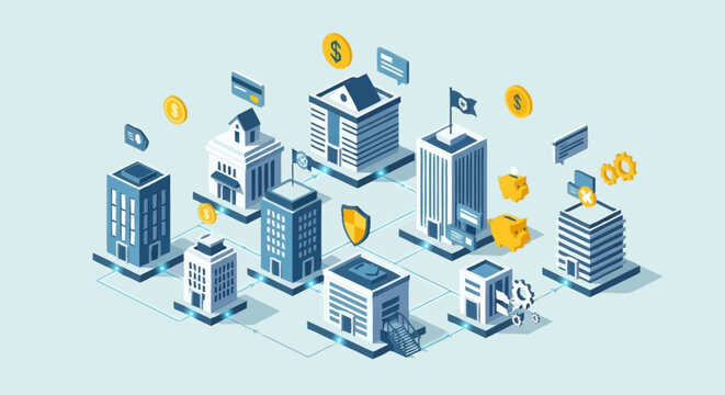 Isometric cityscape with modern buildings.