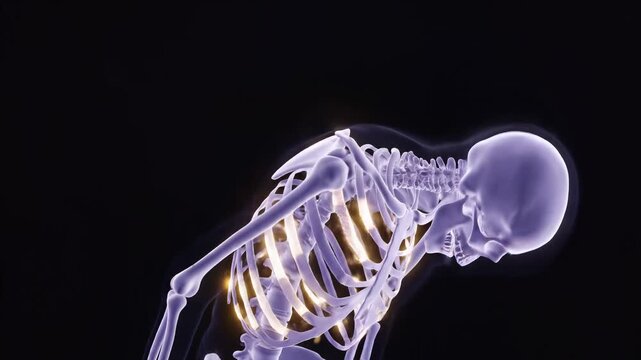 X-ray human skeleton displaying chest and rib pain, bending over on a dark background.