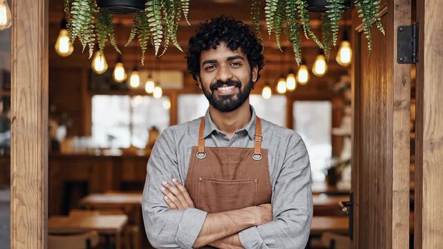 Man in apron standing at cafe entrance