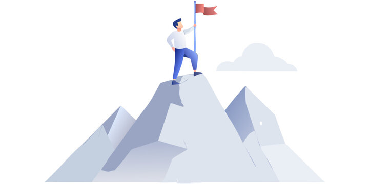 Man standing triumphantly atop a mountain peak with a red flag