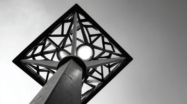 Black and white photo of a single streetlight pole with a geometric structure