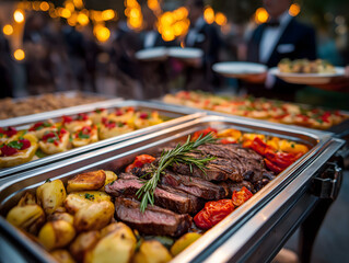 Obraz premium Catering Buffet Line with Chafing Dishes – Grilled Beef Steaks, Roasted Root Vegetables, Fresh Rosemary Garnish and Warm Bokeh Lighting at an Outdoor Event or Wedding