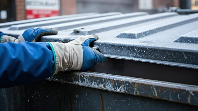 Sanitation Worker in Blue Gloves Opening a Metal Waste Container for Disposal