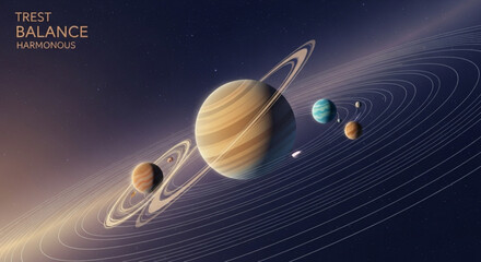 Planets with rings orbit in a harmonious celestial balance showcasing jupiter like planet and smaller moons in a cosmic dance © Zahid