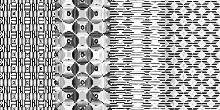 Abstract black and white geometric patterns create a textured visual design