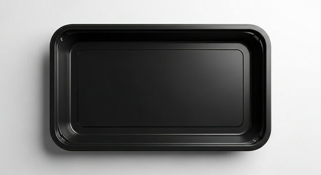 Black plastic food container top view isolated on white background for takeaway or meal prep delivery service packaging tray durable rectangular box mockup for restaurant