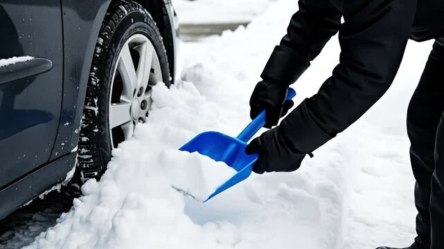 Man in Black Winter Gear Shoveling Deep Snow Around Car Wheel in Driveway