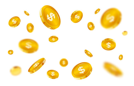 Gold coins explosion. Financial wealth concept floating dollar coins illustration. Coins burst and explode wealth, jackpot, treasure, and finance background