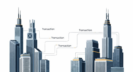 Obraz premium Financial transactions between city skylines.
