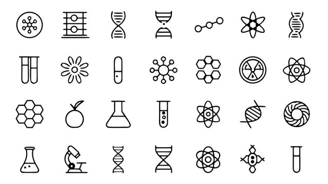 A detailed grid of forty-five white linear science and laboratory icons featuring equipment like microscopes and test tubes on a solid black background.