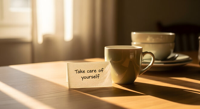 A warm cup of tea sits on a wooden table with a handwritten note saying 'Take care of yourself'