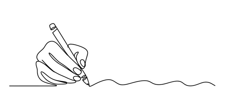 Minimalist single continuous line drawing of a human hand holding a pen and writing on a surface Vector, illustration