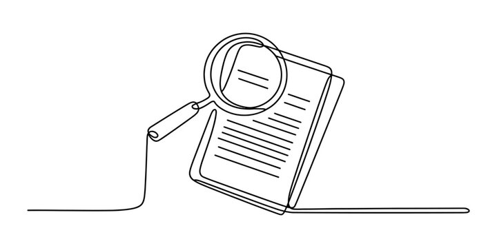 Continuous line drawing of a magnifying glass inspecting a stack of important paper documents Vector, illustration