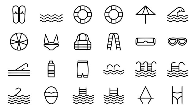 A set of forty-five white linear outline icons for swimming and pool activities arranged in an organized grid on a pitch black background.