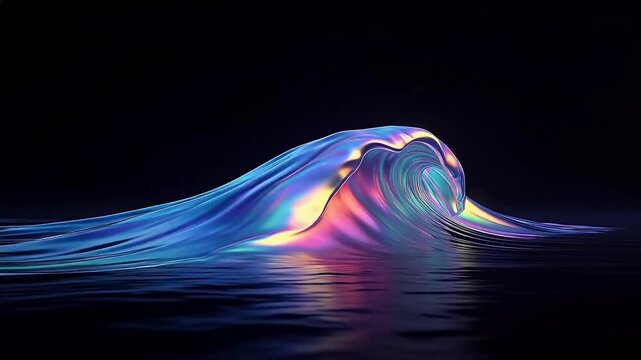 Iridescent digital wave glowing with neon colors against black background &mdash; futuristic ocean motion, abstract fluid dynamics, sci-fi aesthetic for tech and design