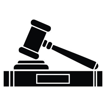 A simple black and white icon depicting a gavel resting on a sound block