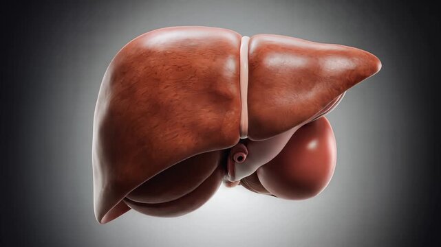 Detailed human liver model rotating slowly on a dark gradient medical background.