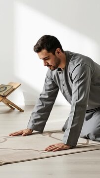 Middle Eastern Muslim Man in Grey Thobe Performing Sujud Prostration on Prayer Mat at Home