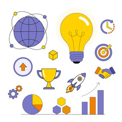 Fototapeta premium Innovation and marketing icon bundle with rocket, trophy, and growth charts