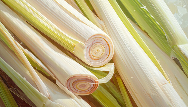 Close up of fresh lemongrass stalks detailed texture and color variations